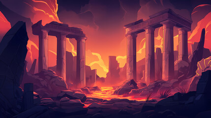 ancient ruins, lava flow, volcanic landscape, dramatic lighting, dark background. ancient volcanic. 