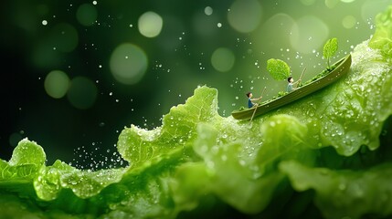 Poster - two individuals in a small vessel gliding effortlessly over verdant foliage, adorned with dewdrops u