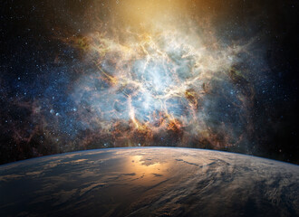Wall Mural - view of the earth, star and galaxy. sunrise over planet earth, view from space. elements of this ima