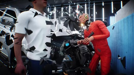 Wall Mural - car crash test stop time. safety concept. people and crash dummy.
