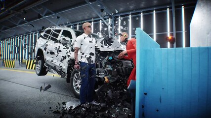 Wall Mural - car crash test stop time. safety concept. people and crash dummy.