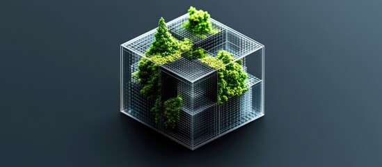 A three dimensional cube with trees growing inside the structure