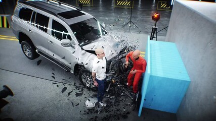 Wall Mural - car crash test stop time. safety concept. people and crash dummy.