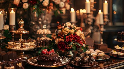 Poster - Festive table filled with chocolate desserts for a celebration with elegant colors and delightful arrangements during a special occasion Generative AI