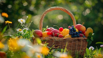 Aufkleber - Brightly colored fruit basket for a delightful picnic in a lush green park setting Generative AI