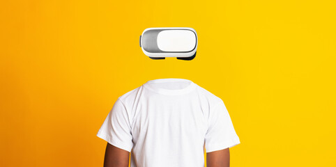 Poster - A person wearing a virtual reality headset stands against a vibrant yellow background.