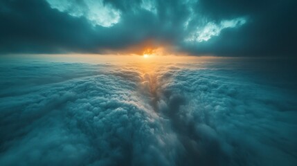 Wall Mural - Cloudy view. Sun beams breaking through horizon, with dark blue sky above