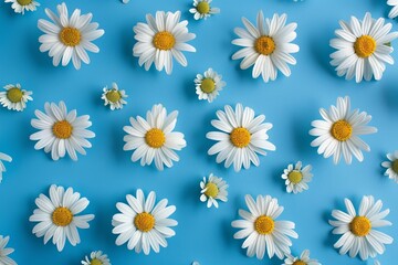 Aufkleber - Chamomile flowers arranged in a symmetrical pattern on a vibrant blue background for spring and summer aesthetics Generative AI