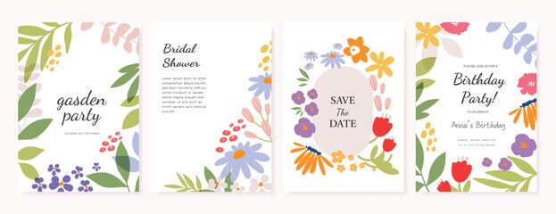 Wall Mural - spring floral invitation card background vector. minimal hand drawn botanical flowers template backg