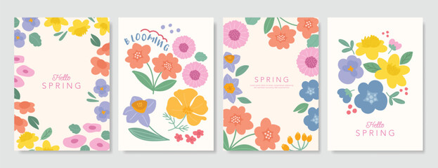 Wall Mural - spring floral invitation card background vector. minimal hand drawn botanical flowers template backg