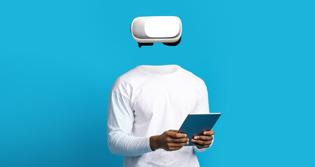 Poster - A person is using a virtual reality headset while holding a tablet. The setting features a vibrant blue background, highlighting the technology and modern gadgets utilized in the experience.