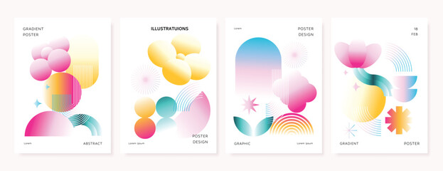 Wall Mural - Modern gradient poster background vector set. Minimalist cover template with vibrant perspective geometric prism shapes and line. Ideal design for social media, cover, banner, flyer.