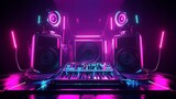 Neon DJ setup, vibrant, 3d render, music equipment, studio