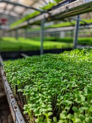 Poster - Rows of microgreens flourishing under precise drip irrigation in a greenhouse environment Generative AI