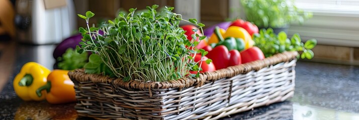 Poster - Rustic basket brimming with fresh microgreens and vibrant vegetables on kitchen countertop Generative AI