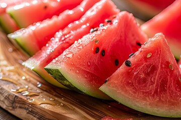 Aufkleber - Freshly cut watermelon slices glistening on a wooden cutting board in soft natural light Generative AI