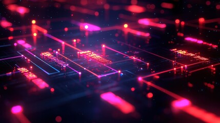 Wall Mural - digital grid with glowing lines and light spots in red and blue colors