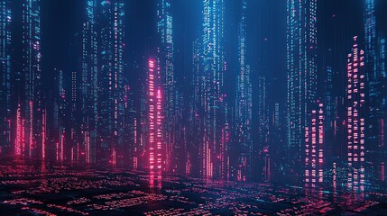 Wall Mural - digital cityscape blue and pink glowing lines mimic city skyscrapers at night