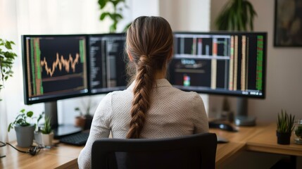 Poster - Woman working from home at desk with multiple computer screens. Possible use Stock photo for remote work, home office, or business concepts