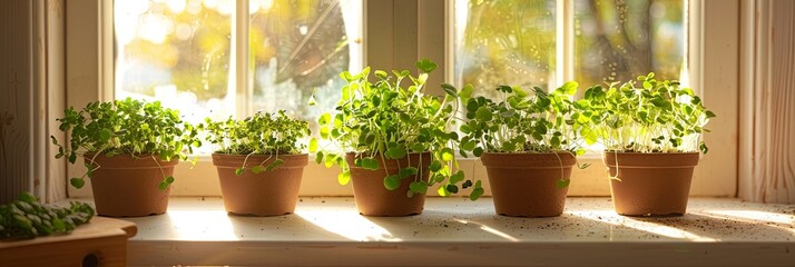 Poster - Sunlit kitchen window with vibrant microgreens in stylish pots creating a warm and inviting atmosphere Generative AI