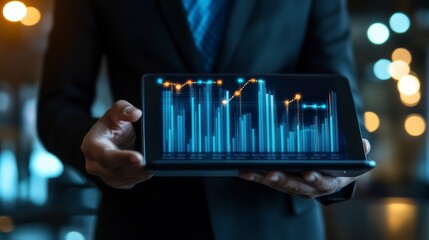 Aufkleber - Businessman holding tablet with financial graph in night city