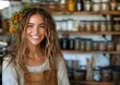 © Olya Pilipchik  - Friendly zero waste shop worker standing near shelves with honey, flour jars, representing sustainable grocery shopping practices