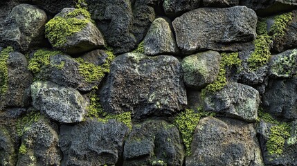 Textured basalt stone wall with subtle moss and lichen growth