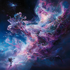 astronaut gazing at a vibrant nebula in a cosmic landscape