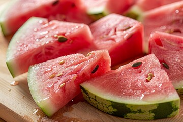 Aufkleber - Freshly cut watermelon slices on a wooden cutting board with glistening droplets in natural light Generative AI