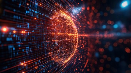 Wall Mural - abstract digital sphere glows with orange, streaked with lines of light