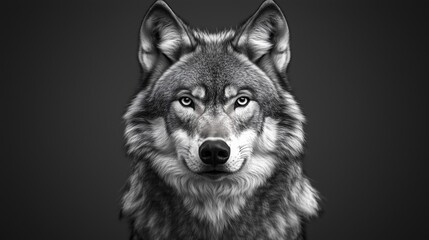  Proud grey wolf with a regal gaze against a dark grey backdrop.