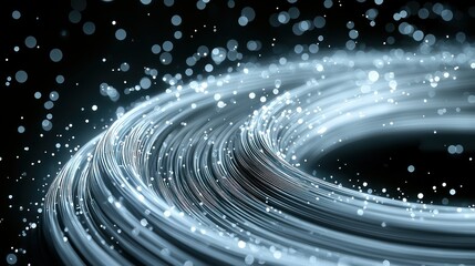 Wall Mural - abstract glowing fiber optic cables circle against black backdrop with bokeh effect