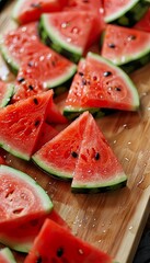 Poster - Freshly cut watermelon slices on a wooden cutting board surrounded by summer ambiance for a refreshing treat Generative AI