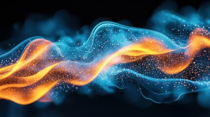 Wall Mural - abstract smoky waves of blue and orange collide, speckled with gold particles on black