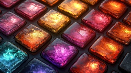Wall Mural - abstract rows of translucent, colorful square gems on a dark textured background
