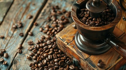 Aufkleber - Experience the rich aroma of freshly ground coffee beans on a rustic wooden table Generative AI