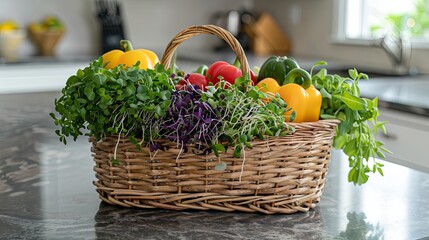 Poster - Rustic basket filled with fresh microgreens and colorful vegetables on kitchen countertop Generative AI