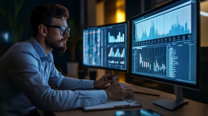 Poster - Businessman analyzing data at night (1)