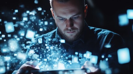 A Man Viewing Digital Information From A Glowing Screen