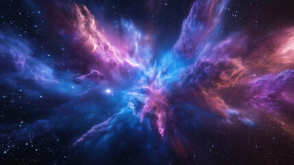 Wall Mural - Vibrant cosmic effect of blue and purple powder explosion bursts against a striking black background