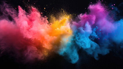 Wall Mural - colorful powder blast creating vibrant pastel dust particles on dark background