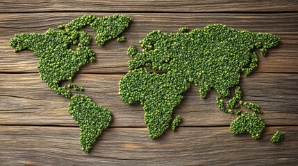 A world map is creatively represented by green grains on wood