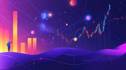 Fototapete - Abstract financial growth, person points to graph, colorful cosmic background, stock photo