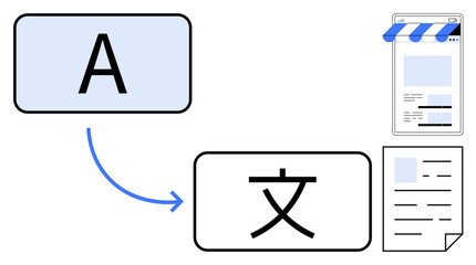 Letter A transforming into a foreign character with arrow, paired with website layout and document. Ideal for translation, localization, global communication, multilingual services, writing, editing