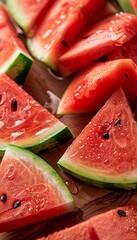 Aufkleber - Freshly cut watermelon slices on a wooden board with droplets glistening in natural light Generative AI