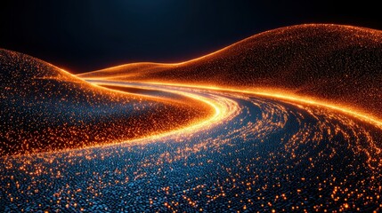 Wall Mural - glowing, orange data stream flowing through abstracted, dark blue hills