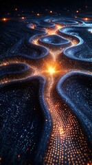 Wall Mural - glowing, sinuous path with bright light against a dark, textured backdrop