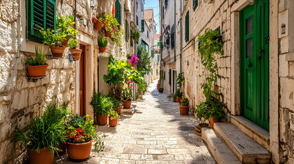  Narrow Stone Street With Plants In Pots And Green Doors And Windows In Sunlight