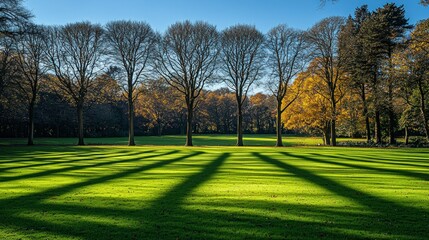 Wall Mural - Grassy field and trees cast long shadows under a vibrant blue sky