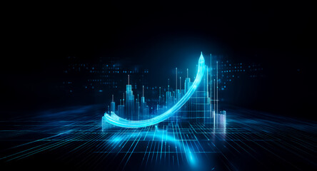 Wall Mural - abstract blue cityscape with a bright arrow pointing upwards on a dark backdrop. futuristic and digi